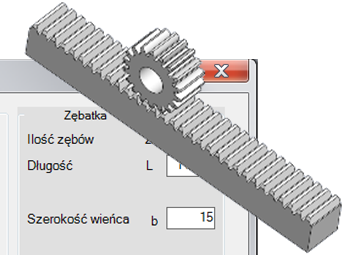 Wprowadzanie parametrów dla zębatki i przekładni zębatkowej. 1. Do wygenerowania modelu zębatki wymagane jest wprowadzenie wartości modułu normalnego koła bazowego i ewentualnie kąta pochylenia zębów.