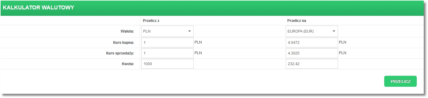 Rozdział 15 Kursy walutowe 15.2. Kalkulator walutowy Kalkulator walutowy pozwala na przeliczenie jednej wybranej waluty na inną.