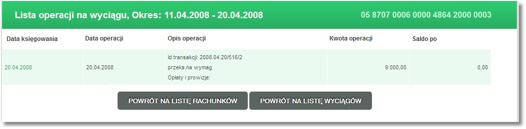 Rozdział 6 Rachunki Poniższa formatka prezentuje listę wyciągów miesięcznych: Wybór przycisku [powrót na listę rachunków] umożliwia przejście do formatki z listą rachunków. 6.1.