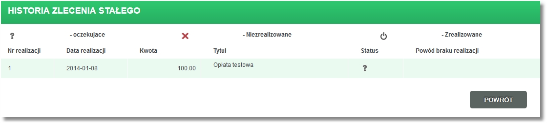 Rozdział 11 Zlecenia stałe W przypadku niepowodzenia operacji pobrania kosztów prezentowany jest komunikat: "Brak informacj i o kosztach transakcj i ze względu na chwilową niedostępność usługi".