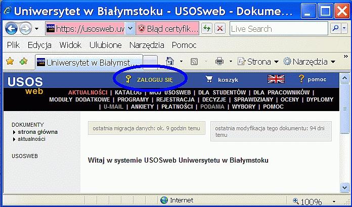 strony powitalnej USOSweb-a (na ekranie kolor