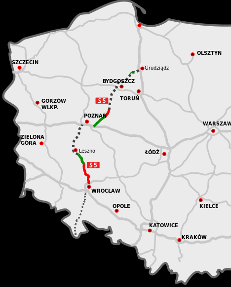 4. Dokończenie budowy drogi ekspresowej S5 koordynacja: wielkopolskie Realizacja przedsięwzięć - strona rządowa GDDKiA Źródła finansowania wg DI SRT POIiŚ, Budżet Państwa, Krajowy Fundusz Drogowy,