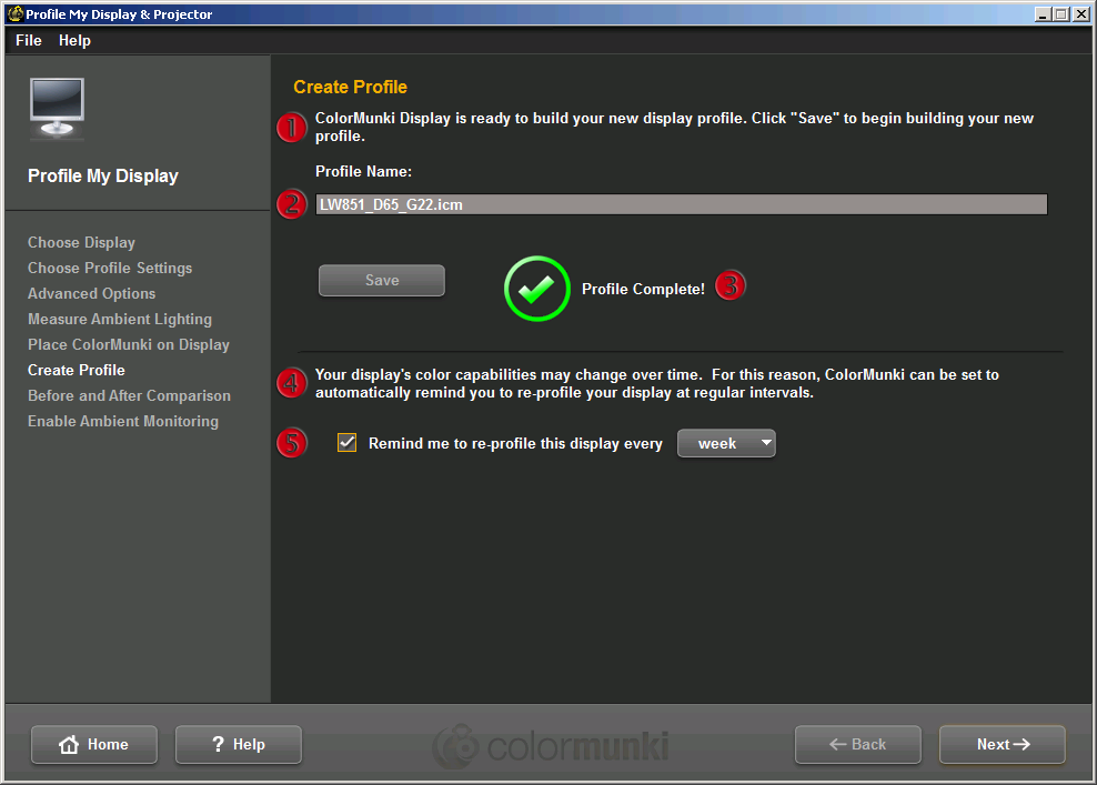 21 2.10. Tworzenie profilu W tym momencie ColorMunki Display zebrał już wszystkie niezbędne do utworzenia profilu informacje.