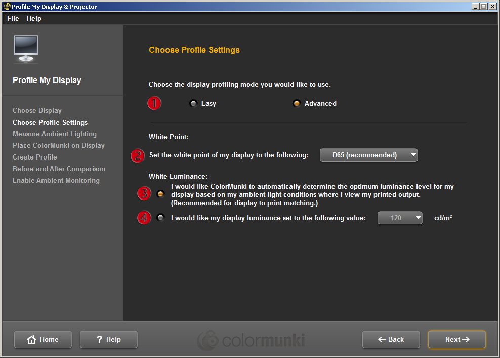 9 2.4. Wybór ustawień profilu (Choose Profile Settings) W kroku tym określa się dwa podstawowe parametry temperaturę barwową bieli (punkt bieli, White Point) oraz luminancję bieli, tj.