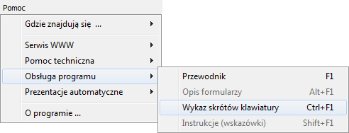 Graficzny wykaz skrótów klawiatury Zamieszczony podgląd widoczny jest w programie po wybraniu w menu Pomoc > Obsługa programu > Wykaz skrótów klawiatury oraz poprzez kombinację klawiszy <Ctrl+F1>.