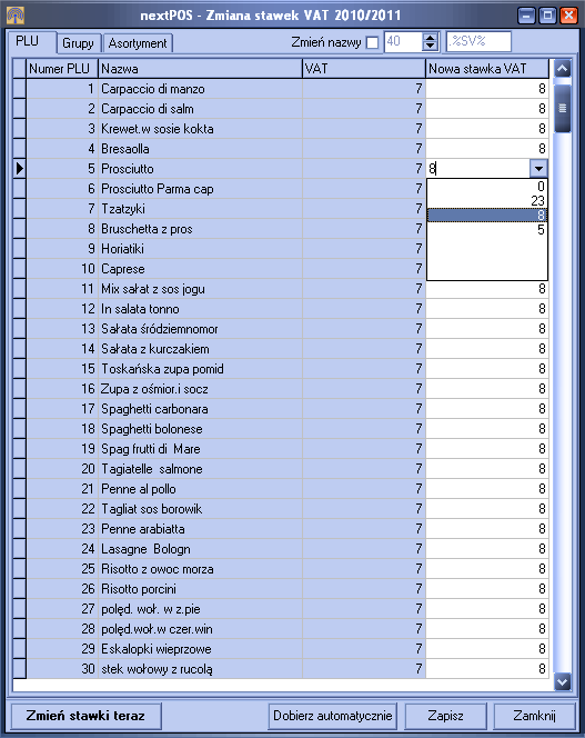 Jeżeli chcemy zmienić stawkę VAT dla konkretnego artykułu znajdujemy go na liście i klikamy w białe pole nowa stawka VAT wyświetli nam się lista nowych stawek i wybieramy właściwą stawkę dla artykułu.