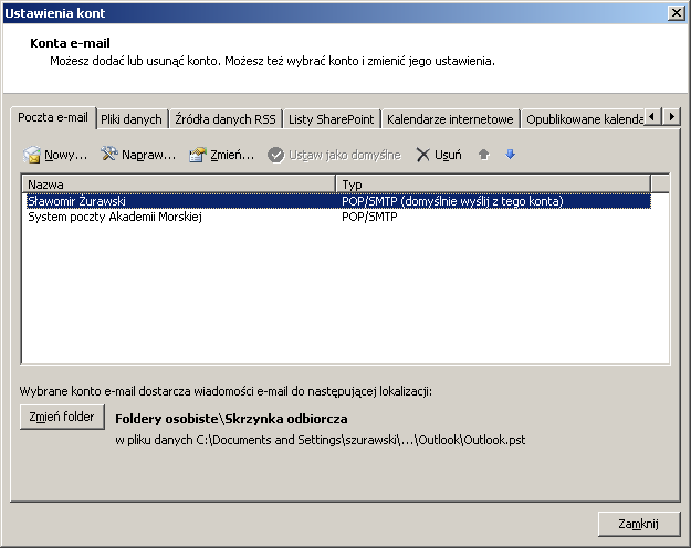 Microsoft Outlook 2007 Z menu *Narzędzia+ wybrad *Ustawienia kont +. Pokaże się okno, jak poniżej, z listą skonfigurowanych kont pocztowych.