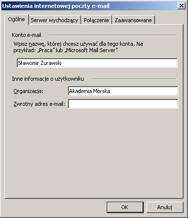 Jako adres mailowy można podad nazwę użytkownika lub jeden z aliasów, a następnie uzupełnid o @am.szczecin.pl. Obie nazwy serwerów poczty muszą zawierad poczta.am.szczecin.pl. Nazwa użytkownika: <pierwsza_litera_imienia>.
