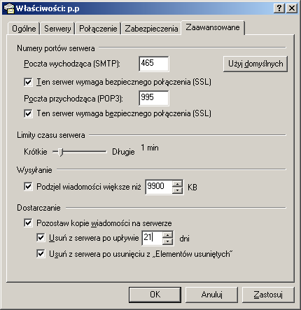 Obie nazwy serwerów poczty muszą zawierad poczta.am.szczecin.pl. Nazwa użytkownika: <pierwsza_litera_imienia>.<nazwisko>. Hasło zostaje bez zmian.