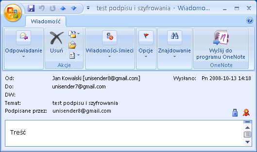 Rysunek 71: Zaszyfrowane i podpisane wiadomości w skrzynce odbiorczej Jeżeli otworzymy podpisaną i/lub zaszyfrowaną przez nadawcę wiadomość, program Outlook 2007 wyświetli o tym informacje w postaci