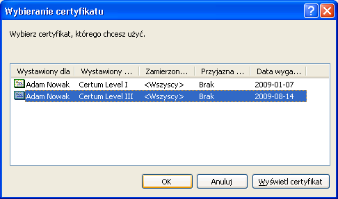 Rysunek 6: Wybór certyfikatu do szyfrowania Do szyfrowania można użyć tego samego certyfikatu, który został wybrany do podpisywania, jednak należy podkreślić, że dla zwiększenia bezpieczeństwa do