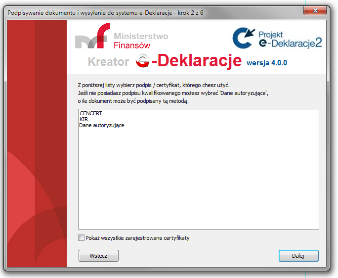 W celu podpisania podpisem kwalifikowanym należy wskazać odpowiedni certyfikat z widocznej listy.