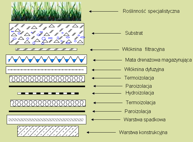 Dach ekstensywny retencyjny Ciężar 120 kg/m² or 1.2 KN/m² * Dach ten ma na celu utworzenie zbiorników retencyjnych wody opadowej oraz oczyszczanie wody szarej.