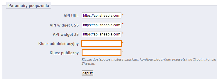 Rys. 80 Konfiguruj moduł Sheepla Krok 3 Następnie, w polu Parametry połączenia uzupełniamy klucze API: administracyjny i publiczny.