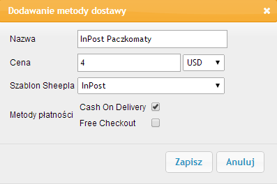 Rys. 116 Dodawanie metod dostawy w panelu administracyjnym sklepu Krok 5 W nowo wyświetlonym okienku wpisujemy nazwę metody dostawy, cenę oraz odpowiadający jej szablon przesyłki wcześniej