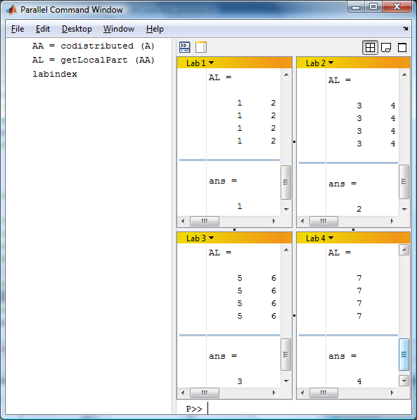 Wydajność mechanzmów modułu Parallel Computng Toolbox systemu MATLAB 45 Rysune 4 poazuje wdo onsol Parallel Command Wndow w trace realzacj nstrucj przedstawonych na ostatnm lstngu. Rys. 4. Przyładowa sesja pmode praca w nteratywnym trybe równoległej realzacj omend Fg.