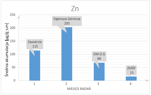Rycina 22. Graficzne porównanie średniej akumulacji miedzi w Zawierciu, Dąbrowie Górniczej, Osiedlu mieszkaniowym w Dąbrowie Górniczej oraz w trzech Stacjach Bazowych ZMŚP.