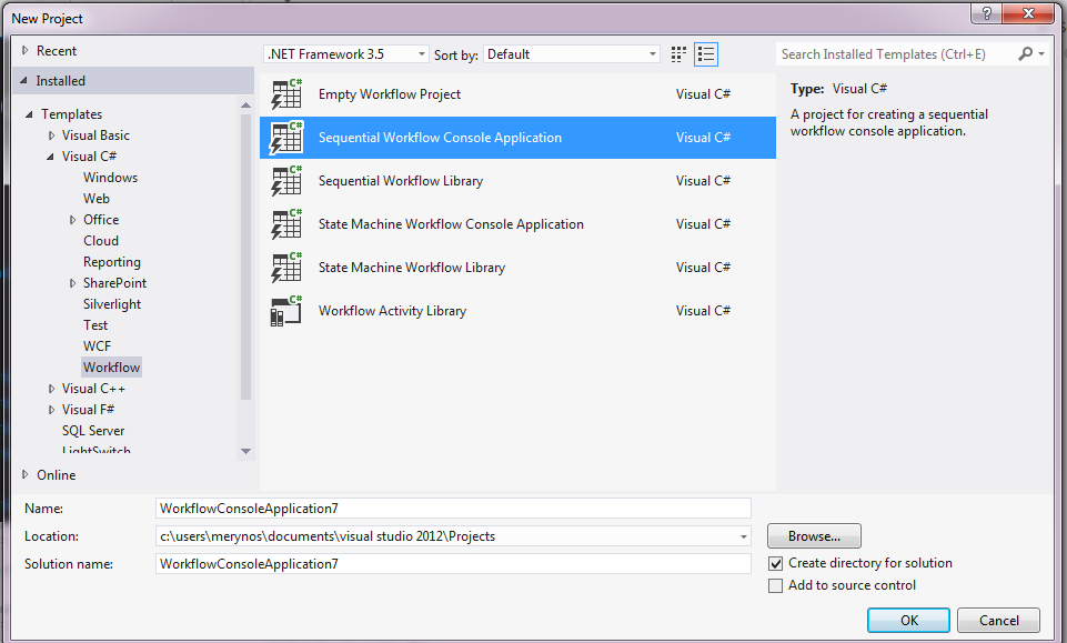 Windows Workflow Foundation (wprowadzenie - prosty przykład Sequential Workflow): 1. Utworzenie projektu - Sequential Workflow.