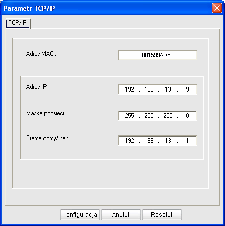 6.12. Wypełnij odpowiednio pola w oknie parametr IP Adres MAC - naleŝy przepisać z wydruku konfiguracji drukarki PoniŜsze ustawienia dotyczą pracowni w której nie zostało zmienione główne Ip serwera.
