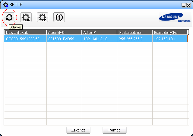 W oknie SET IP naleŝy wcisnąć przycisk ODŚWIEś (jak na rysunku) JeŜeli drukarka nie zostanie