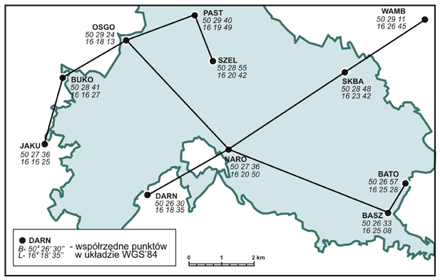 100 BADANIA GEODYNAMICZNE NA OBSZARZE PARKU NARODOWEGO GÓR STOŁOWYCH towym systemie kontrolno-pomiarowym z zastosowaniem pomiarów satelitarnych GPS, niwelacji precyzyjnej, stacji totalnej,