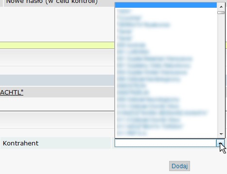 Lista kontrahentów Na stronie w części Nowe uprawnienie mamy pole listy wyboru, na której znajdują się wszyscy kontrahenci, z pośród których możemy wybrać tych, do których dany użytkownik będzie miał