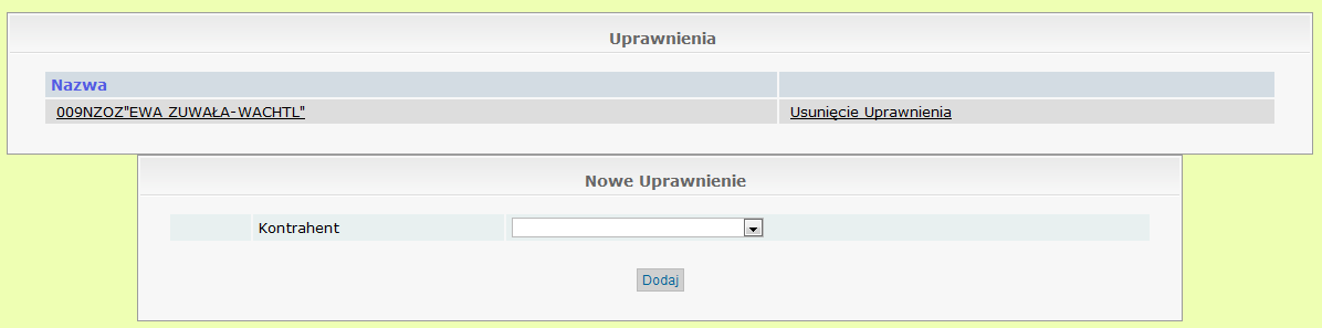 Na stronie w części Uprawnienia widnieje lista kontrahentów do których użytkownik ma dostęp (ma wgląd do wyników wykonanych dla danego kontrahenta) (rysunek 4.). Rysunek.