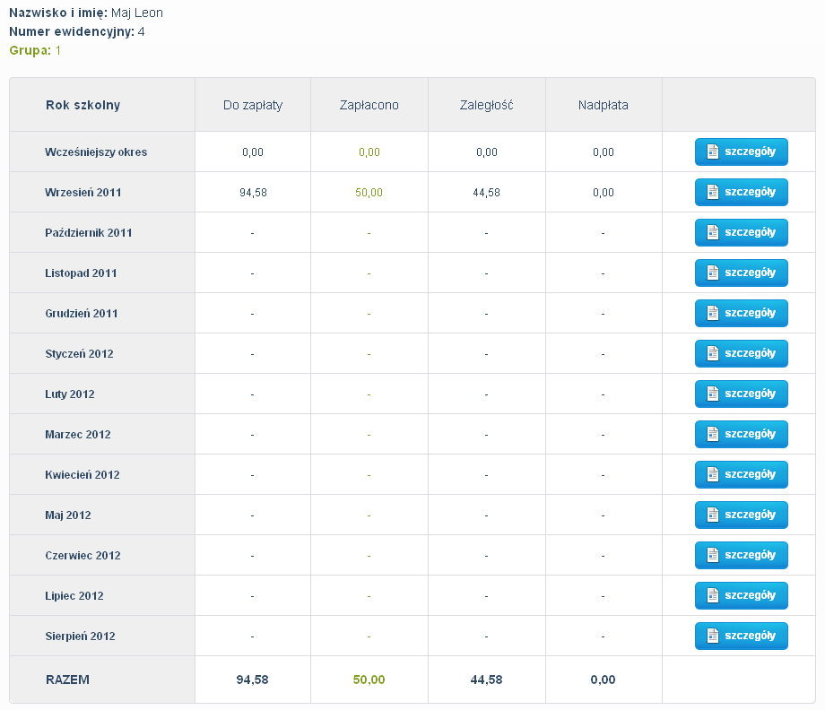 Dodatkowo za pomocą przycisku istnieje możliwość podglądu wszystkich należności w danym roku szkolnym w rozbiciu na miesiące z ujęciem ewentualnych