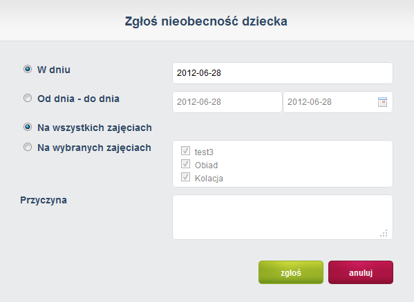 Rysunek 7. Okno zgłaszania nieobecności. W kalendarzu zgłoszona nieobecność będzie oznaczona przy danym dniu ikoną koperty.