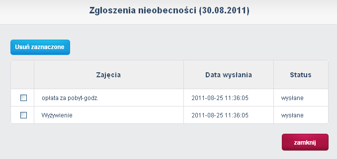 Rysunek 8. Historia zgłoszonych nieobecności. Wyróżniamy trzy rodzaje statusu: wysłany oznacza, że informacja o zgłoszonej przez rodzica nieobecności dziecka została wysłana do przedszkola.