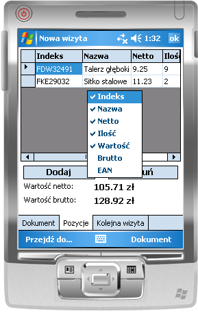 7 Mobilny handlowiec Przeglądanie asortymentu Poczas wyboru asortymentu możemy filtrowad dane za pomocą podania fragmentu nazwy lub kodu kreskowego.