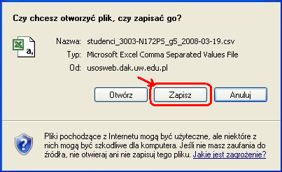 Rysunek 10: Okna zapisywania pliku wybór formatu pliku Przed zapisaniem pliku należy wskazać domyślny format skoroszytu MS Excel (rys. 10) i potwierdzić wybór przyciskiem. Plik (format [.