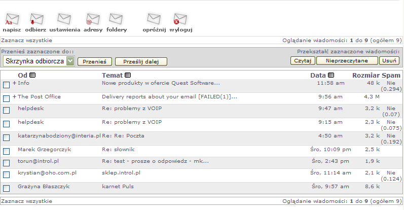 do osób, z którymi korespondujemy, Foldery odnośnik do menadżera folderów, tutaj możemy zakładać foldery w ramach skrzynki pocztowej, pozwala to na porządkowanie zawartości skrzynki, tutaj też można