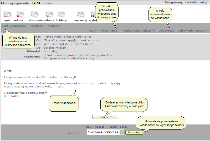 Poniżej znajduje się pole, w którym pojawiają się odebrane wiadomości. Widoczna jest informacja o autorze wiadomości, dacie jej wysłania, jak i o załącznikach w wiadomościach.