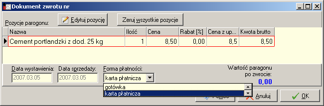 3. Zwroty do paragonów możliwość wyboru formy płatności W wersji 6.1. stworzono możliwość wyboru formy płatności podczas wystawiania zwrotów do paragonów.
