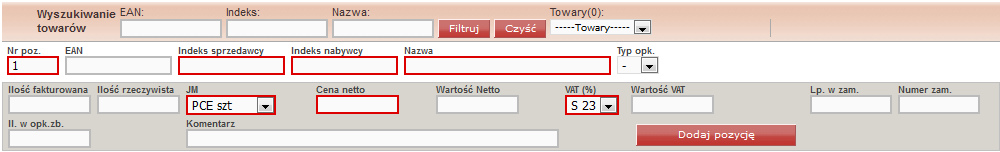 - Ręcznie należy uzupełnić dane w sekcji Dane ogólne (wszystkie obowiązkowe dane, które powinny zostać dodane zaznaczone są czerwoną obwódką) - W celu zatwierdzenia Nagłówka posługujemy się