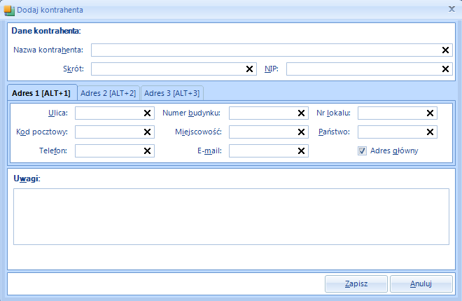 1.1.2.1. Tworzenie i edycja kontrahentów Tworzenie nowego kontrahenta rozpoczyna się kliknięciem w przycisk Dodaj znajdującego się na dole okna Słownik kontrahentów.