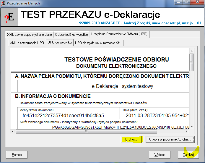 Rysunek 16. Koocowy ekran kreatora przekazu, umożliwiający wydrukowanie UPO.