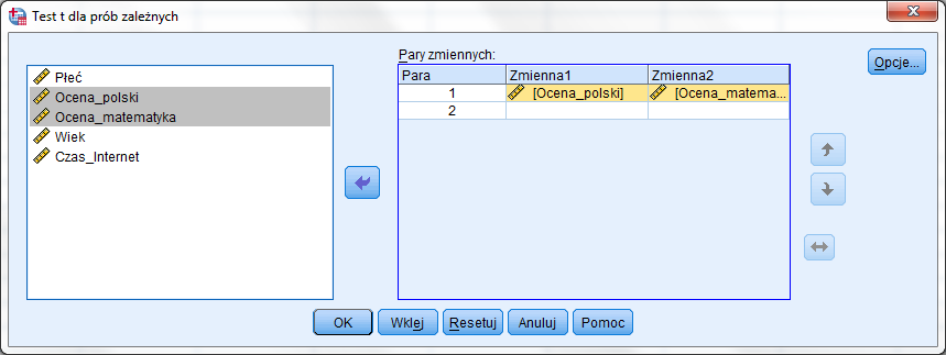 1. Zmienne, dla których chcemy porównać średnie (ocena_polski,
