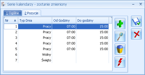 Rys. 71 Zdefiniowana seria kalendarza Najprostszym przykładem serii jest 7-dniowa seria, czyli wspomniany powyżej Tydzień. Definicja tygodni może odbiegać od zaproponowanego szablonu (np.