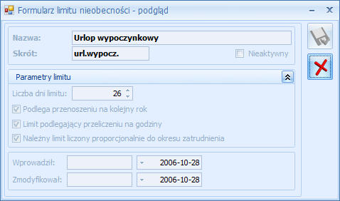 Rys. 81 Formularz limitu Urlop wypoczynkowy Należny limit liczony proporcjonalnie do okresu zatrudnienia limit zostaje pomniejszony proporcjonalnie do okresu zatrudnienia, jeśli okres zatrudnienia