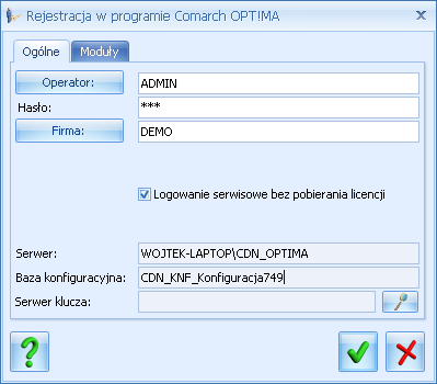 Rys. 4 Okno logowania ze szczegółami Logowanie serwisowe bez pobierania licencji po zaznaczeniu parametru, operator ADMIN ma możliwość logowania się do programu w trybie serwisowym bez pobierania
