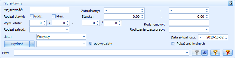 Rys. 121 Panel wyszukiwania Lista pracowników. Lista obsługiwana jest przez standardowe przyciski obsługi listy, opisane szczegółowo we wcześniejszym rozdziale podręcznika.