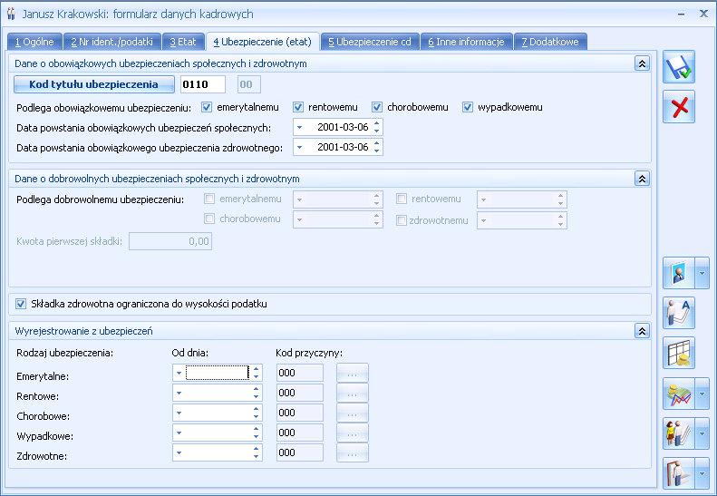 Rys. 127 Formularz danych pracownika zakładka Ubezpieczenie (etat) Wyrejestrowanie z ubezpieczeń zwolnienie pracownika z pracy pociąga za sobą obowiązek wyrejestrowania z ubezpieczeń.