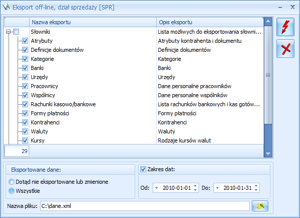Dokumenty: Faktury Sprzedaży, Faktury Zakupu, Rejestr Sprzedaży VAT, Rejestr Zakupów VAT, dokumenty inne przychodowe (PZ Przyjęcie Zewnętrzne, PW Przyjęcie Wewnętrzne, MM+ - Przesunięcie