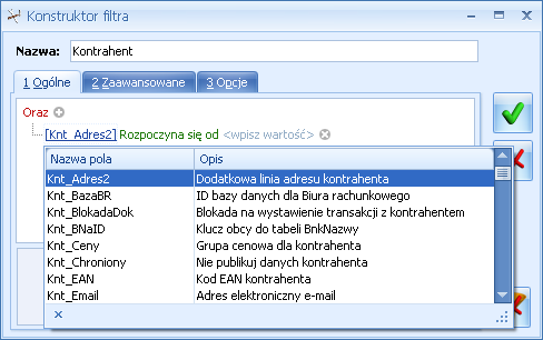 Rys. 25 Konstruktor filtra zakładka Ogólne Tworzenie pojedynczego wyrażenia filtra zaczyna się od dodania warunku (po kliknięciu w domyślny operator Oraz wybieramy opcję Dodaj warunek lub obok