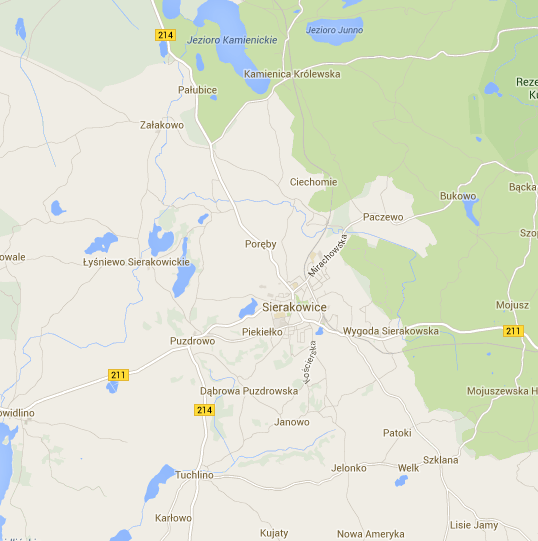 Rys 22. Mapa głównego układu drogowego gminy Sierakowice. Źródło: Opracowanie własne na podstawie: www.maps.google.