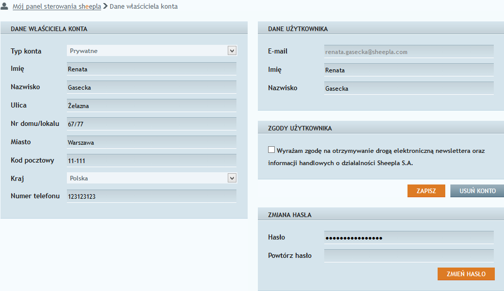 4. Edycja konta Sheepla 4.1 Dane konta Zakładka Dane konta daje użytkownikowi możliwość edycji danych przypisanych do konta Sheepla. W zakładce można zmienić wszystkie dane poza adresem e-mail.