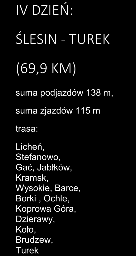 W centrum Kramska skręcamy w lewo na Wysokie, Barce, Borki, Ochle, Koprowa Góra, Dzierawy, Koło Licheń, Stefanowo, Gać, Jabłków, Kramsk, Wysokie, Barce, Borki, Ochle, Koprowa Góra, Dzierawy, Koło,