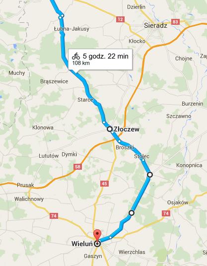 V DZIEŃ: TUREK - WIELUŃ (108 KM) suma podjazdów 217 m, suma zjazdów 149 m Turek, Kawęczyn, Goszczanów, Błaszki, Złoczew, Stolec, Wieluń Wyjeżdżając z Turka kierujemy się na Sieradz (83), po 8km na